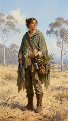 full-body original character: a wandering botanist with a satchel of plants, a patched green cloak, tall boots and round glasses, neutral background