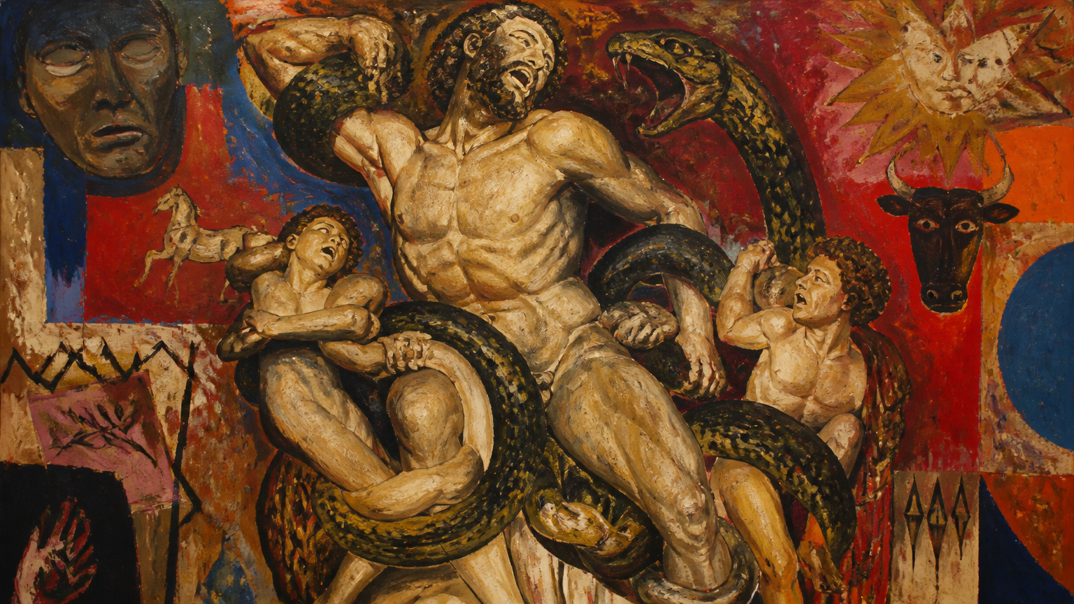 the greek ignudi Laocoon and his two sons are coiled together by a giant snake