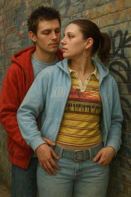 a man and a woman standing next to a brick wall