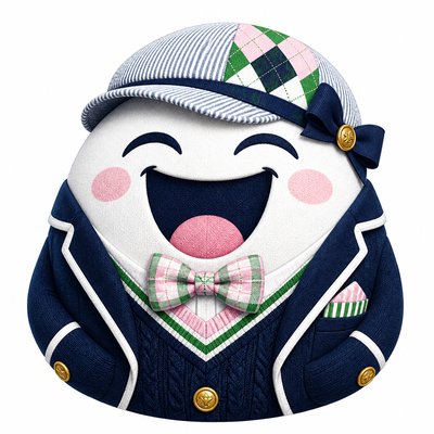 an exaggerated laughing face of an original round mascot character, bold and readable at small size, plain background, no text