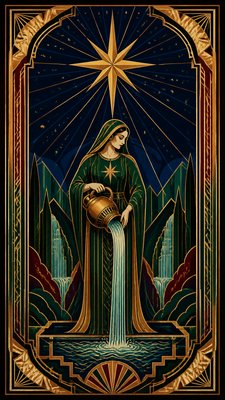 a robed figure pouring water beneath a large eight-pointed star in a night sky, symmetrical composition with an ornate decorative border, no text