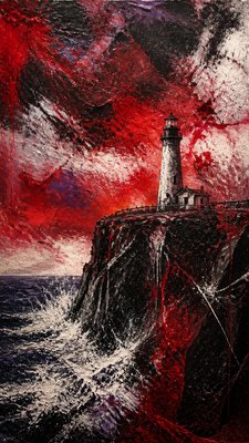 a lone lighthouse on a cliff at dusk under a dramatic sky, no text or lettering