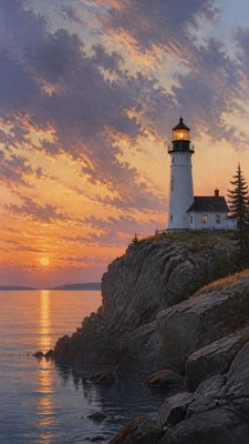 a lone lighthouse on a cliff at dusk under a dramatic sky, no text or lettering