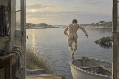 back view of danish ignudi athlete jumping from his boat into the lake