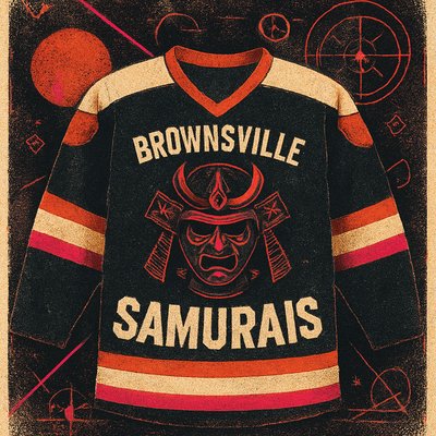 DESIGN ME A HOCKEY JERSEY WITH A SAMURAI BATTLE MASK HELMET FOR THE BROWNSVILLE SAMURAIS
