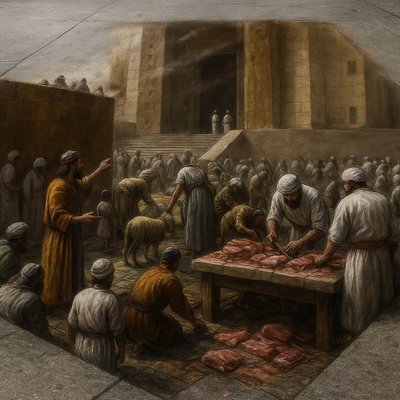 a painting of a group of people standing around a table