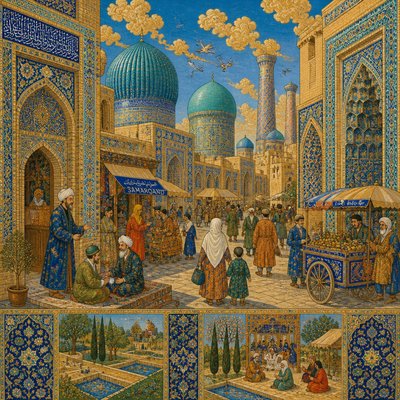 urban street with city activity — Samarkand Art Style
