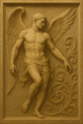 a statue of a man with wings in a frame