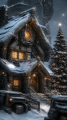 a snow-covered cottage with warm glowing windows beside a decorated pine tree, gentle snowfall, no text
