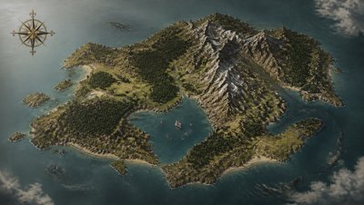 a map of an island realm with mountains, forests, a sheltered bay, sea monsters in the water and a compass rose, no text labels