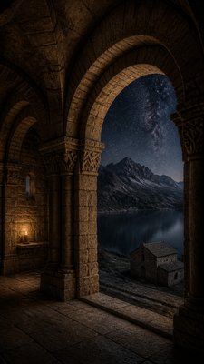 a tranquil mountain lake beneath a starry night sky, no people, no text