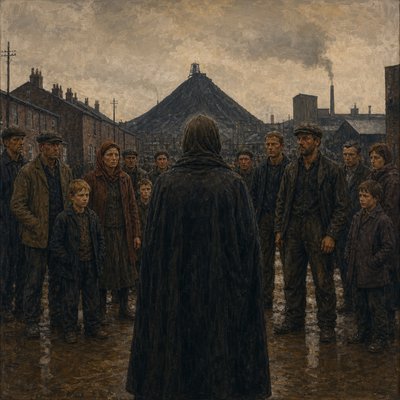 a painting of a man standing in front of a group of people