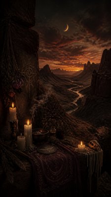a desert canyon under a dramatic sunset sky, no people
