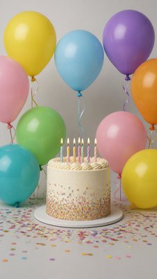 a birthday cake with lit candles surrounded by balloons and confetti, festive vertical composition, no text