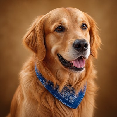 portrait of a golden retriever wearing a blue bandana, warm plain backdrop, no text