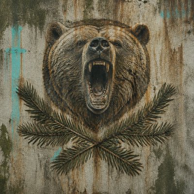 a roaring bear head above crossed pine branches, bold graphic composition on a plain background, no text