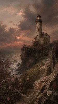 a lone lighthouse on a cliff at dusk under a dramatic sky, no text or lettering