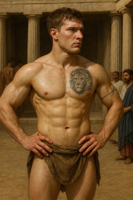 a man with a lion tattoo on his chest
