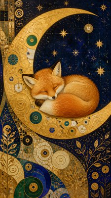 a sleeping baby fox curled on a crescent moon among soft stars, gentle and warm, no text