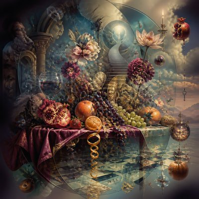 still life arrangement of fruits and flowers