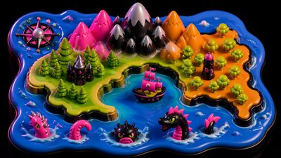 a map of an island realm with mountains, forests, a sheltered bay, sea monsters in the water and a compass rose, no text labels