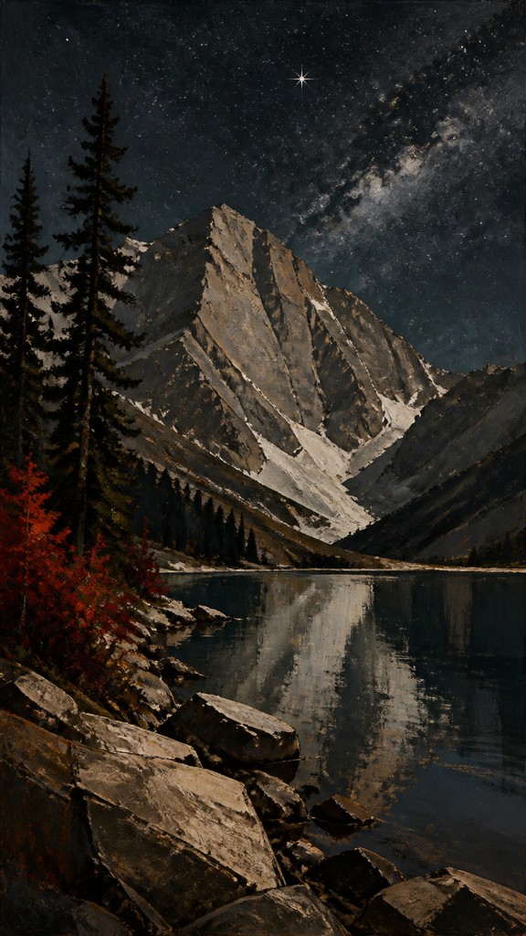 a tranquil mountain lake beneath a starry night sky, no people, no text