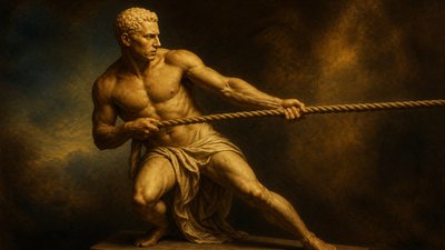 a painting of a man holding a rope
