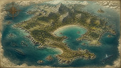 a map of an island realm with mountains, forests, a sheltered bay, sea monsters in the water and a compass rose, no text labels