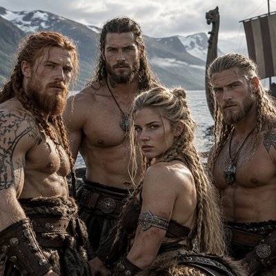 Fais moi quatre personnages trois hommes, une femme. Il y a un roue un brun et un blond, on dirait des vikings tous les quatre , ils ont à peu près la vingtaine et sans tee shirt