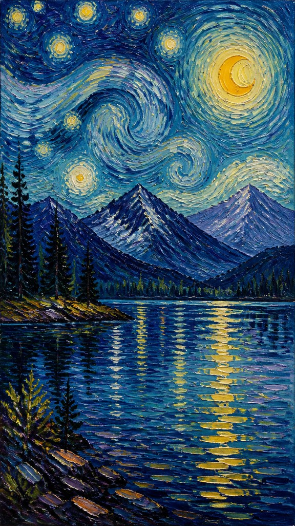 a tranquil mountain lake beneath a starry night sky, no people, no text