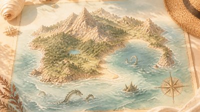 a map of an island realm with mountains, forests, a sheltered bay, sea monsters in the water and a compass rose, no text labels