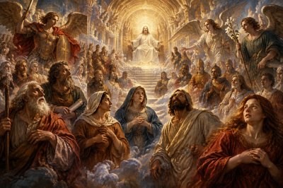 the saints in heaven around the throne of God  - and among the saints are Abraham, , Daniel the prophet, Martha, Mary, and Lazarus and  Mary of Magdala, the Archangels Michael, Gabriel, and Raphael. and many others as well