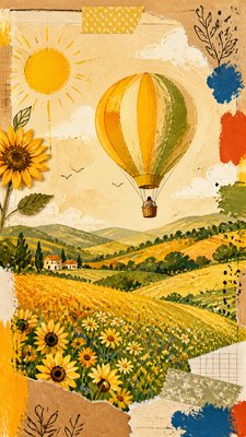 a hot air balloon drifting over rolling flower fields on a sunny day, cheerful, no text