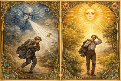 Vintage Art Nouveau Lithograph Style, Highly Decorative Borders, Rich Earth Tones and Gold Leaf. A vertically split "before and after" composition illustrating the classic fable of "The Wind and the Sun."

The Left Side (The Wind's Force): A personified North Wind, depicted as a swirling, ethereal figure made of cold blue and silver clouds with puffed cheeks, blows a jagged, visible blast of air downward. Below, a traveler on a dusty road is hunched over, his face strained, gripping his heavy woolen coat tightly around his chest as the gale whips his hair and sends autumn leaves flying in a chaotic spiral. The colors are cool, muted, and turbulent.

The Right Side (The Sun's Warmth): A personified Sun, depicted as a serene, radiant golden face surrounded by a massive, ornate circular halo of sunbeams, looks down with a gentle smile. Below, the same traveler is standing tall and relaxed on the path. His coat is draped loosely over one arm, his shirt collar is open, and he is wiping a bead of sweat from his forehead. The landscape around him is bathed in warm gold and vibrant greens, with tiny flowers blooming at his feet.

The Framing: The two scenes are separated by an elegant, winding vine border. The overall mood shifts from the frantic, cold energy on the left to the peaceful, overwhelming warmth on the right.