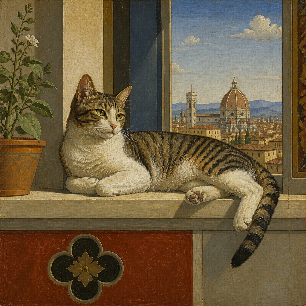 a cat lounging in a sunlit window — Egg Tempera Painting Style