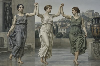 three ancient greek women dancing together