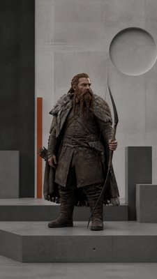 full-body original character: a dwarven ranger with a braided auburn beard, worn leather armor, a longbow and a wolf-pelt cloak, neutral background, no text
