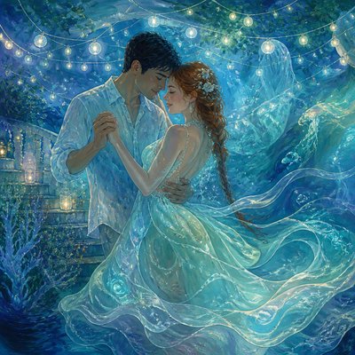 an original couple dancing under string lights in a garden at dusk: a man with short black hair in a linen shirt and a woman with braided red hair in a summer dress