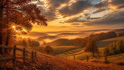 rolling hills with scattered trees under a big dramatic sky, no people