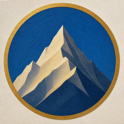 an emblem of a mountain peak inside a circle, simple bold shapes on a plain background, no text or lettering