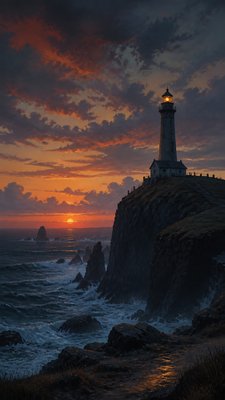 a lone lighthouse on a cliff at dusk under a dramatic sky, no text or lettering