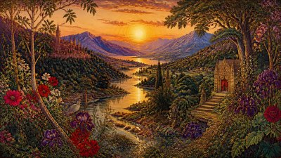 a vast valley with a river winding toward distant mountains at sunrise, no people, no text