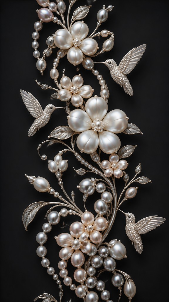 a climbing vine of flowers and hummingbirds on a dark background, tall wrapping composition, no text