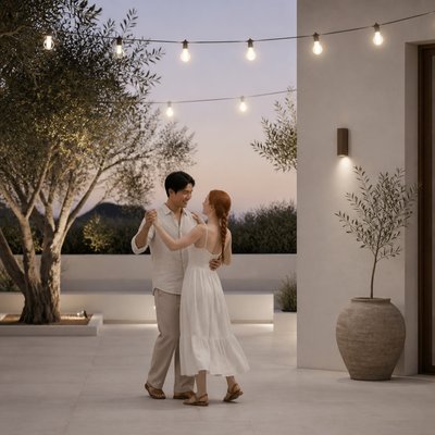 an original couple dancing under string lights in a garden at dusk: a man with short black hair in a linen shirt and a woman with braided red hair in a summer dress