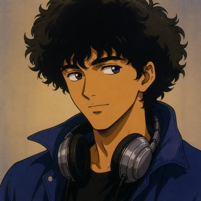 head-and-shoulders portrait of an original character: a young man with curly dark hair and headphones around his neck, plain backdrop, no text