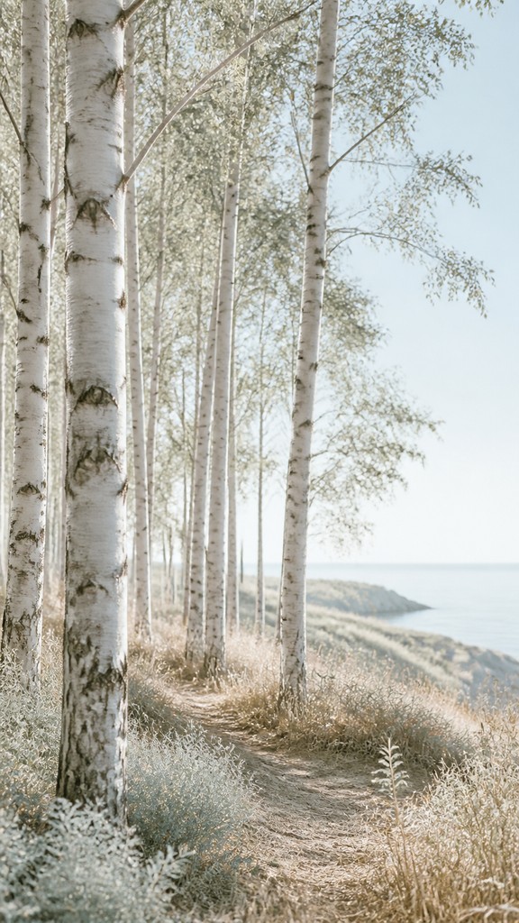 a serene birch forest in soft morning light, no people, no text