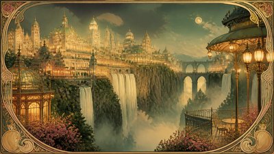 a cliffside city with waterfalls cascading into a misty canyon, wide establishing shot, no people, no text