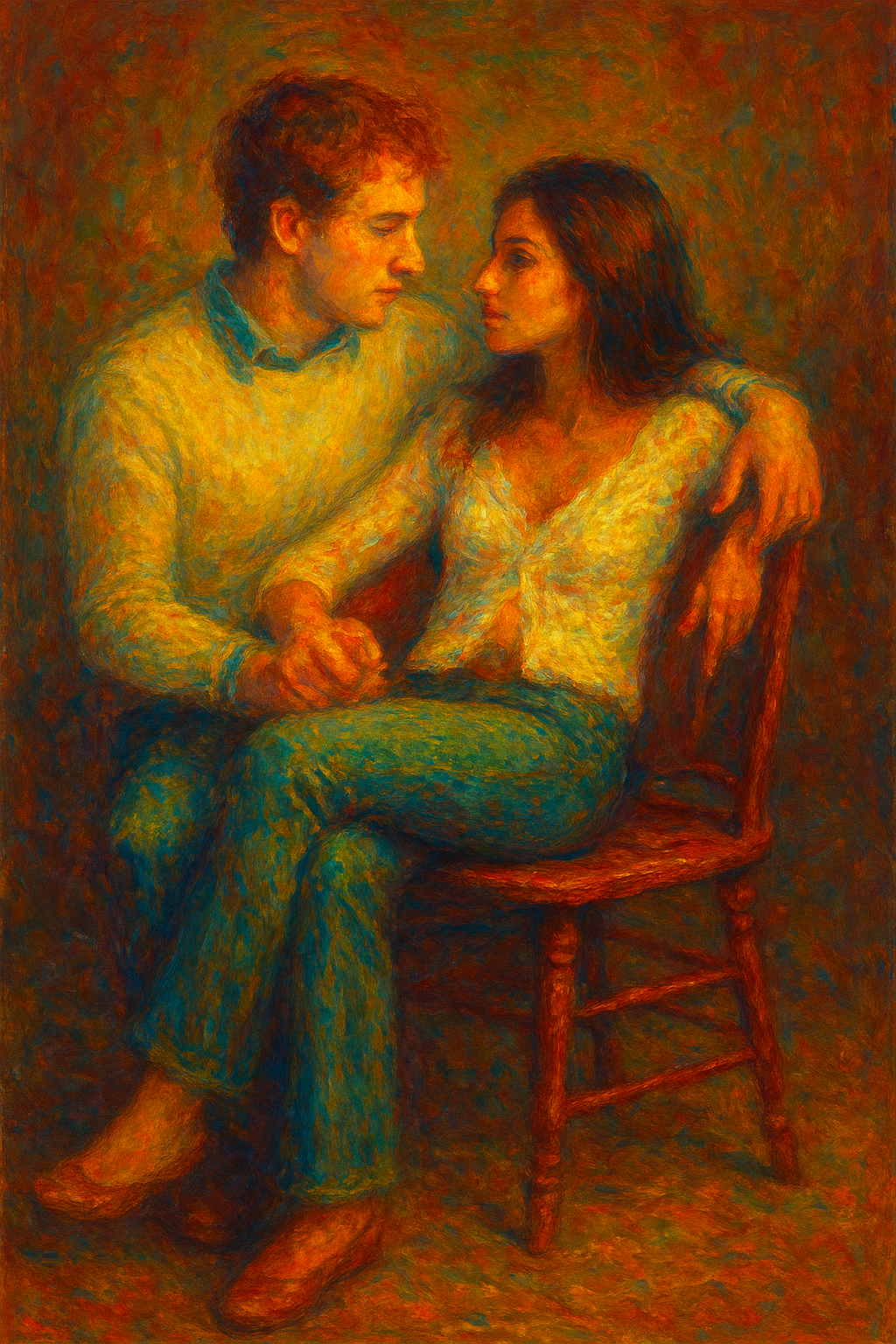 a painting of a man and a woman sitting on a chair