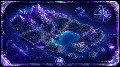 a map of an island realm with mountains, forests, a sheltered bay, sea monsters in the water and a compass rose, no text labels