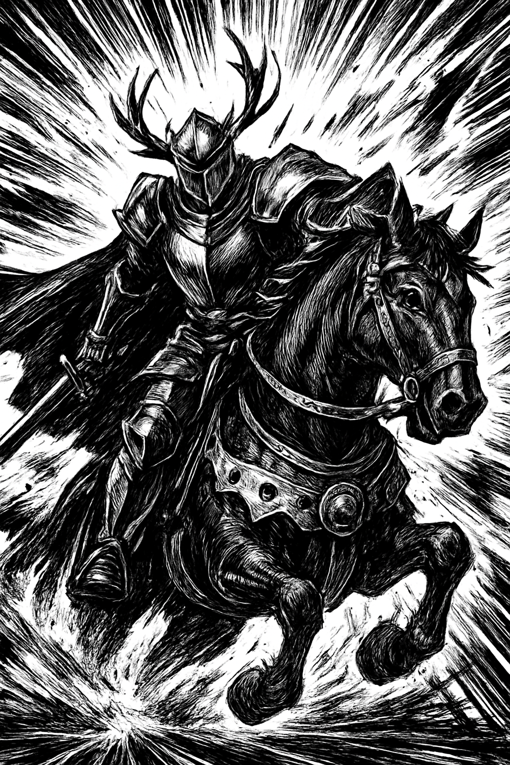a black and white drawing of a knight on a horse